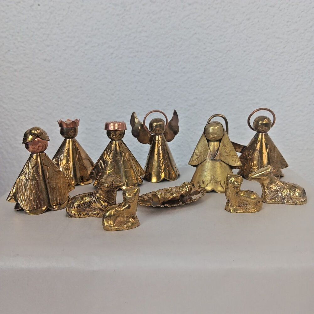 Vintage Miniature Brass Copper Hecho En Mexico Nativity Figures 11 Pieces Lot